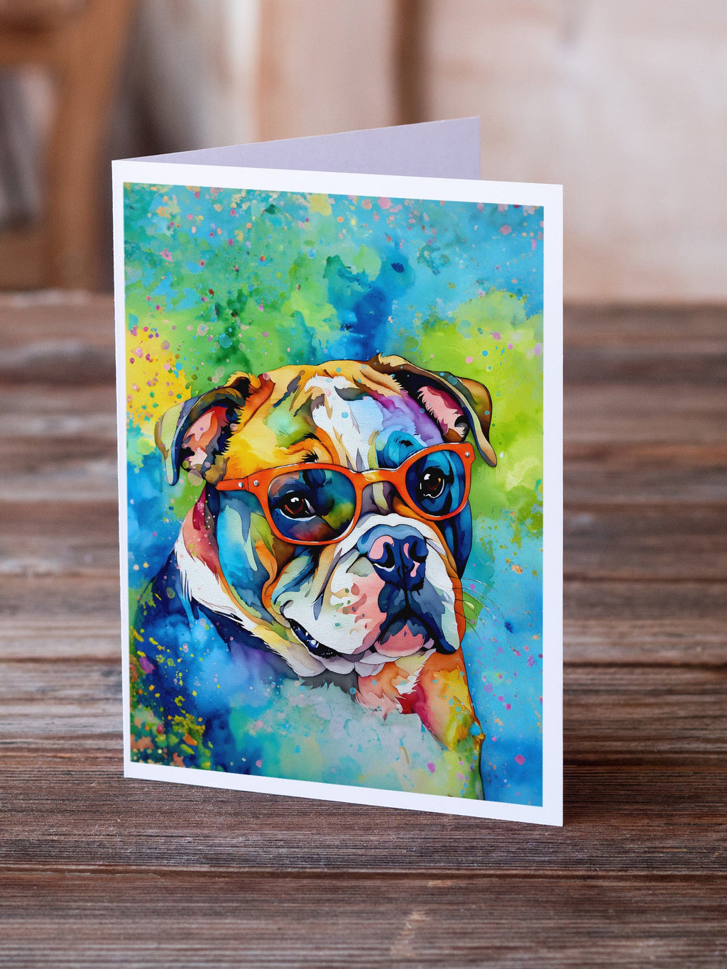 English Bulldog Hippie Dawg Greeting Cards Pack of 8 Blank Cards with Envelopes Whimsical A7 Size 5x7