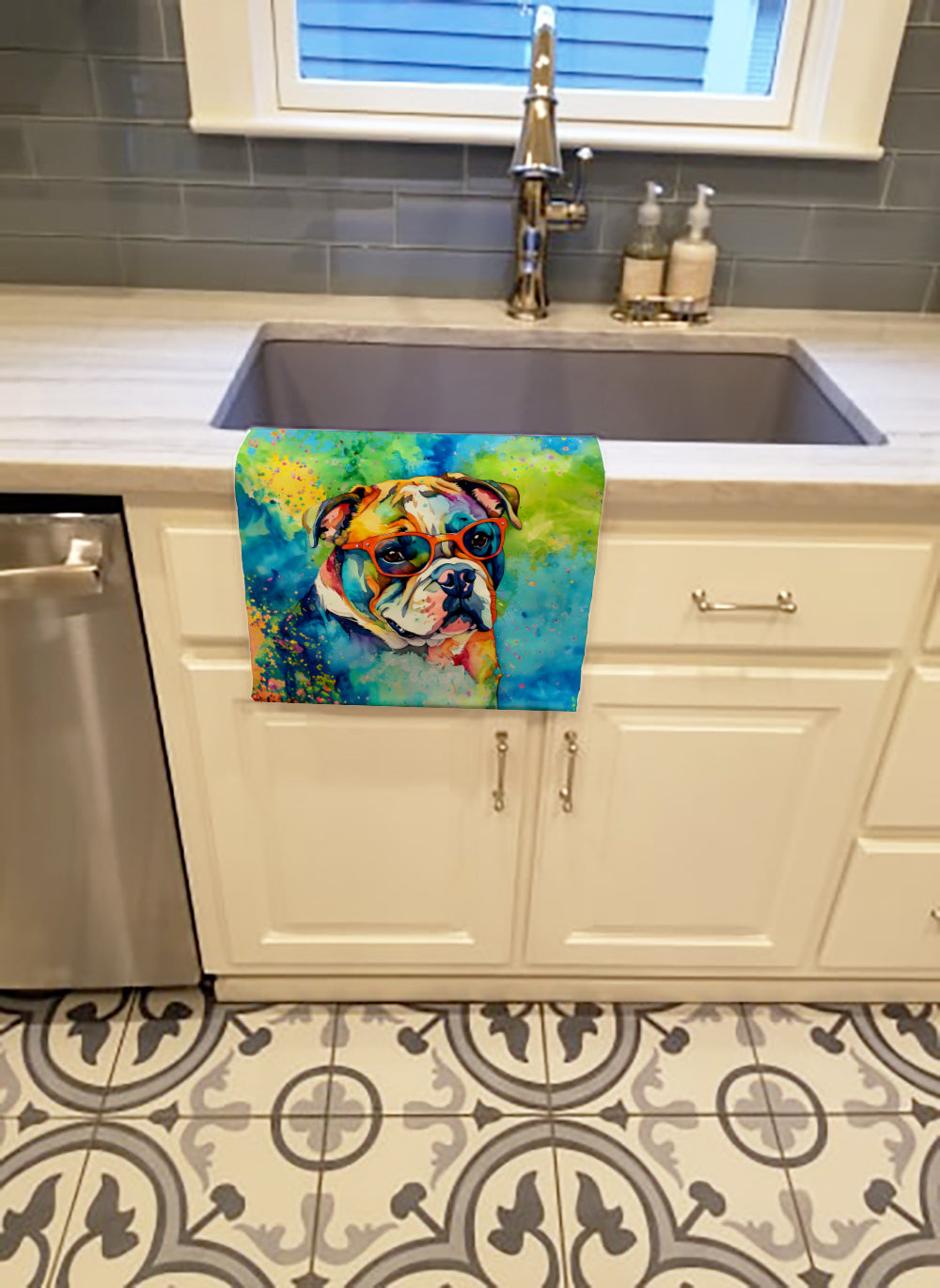English Bulldog Hippie Dawg Kitchen Towel Velour Plush Front and Cotton Loop Back Machine Washable