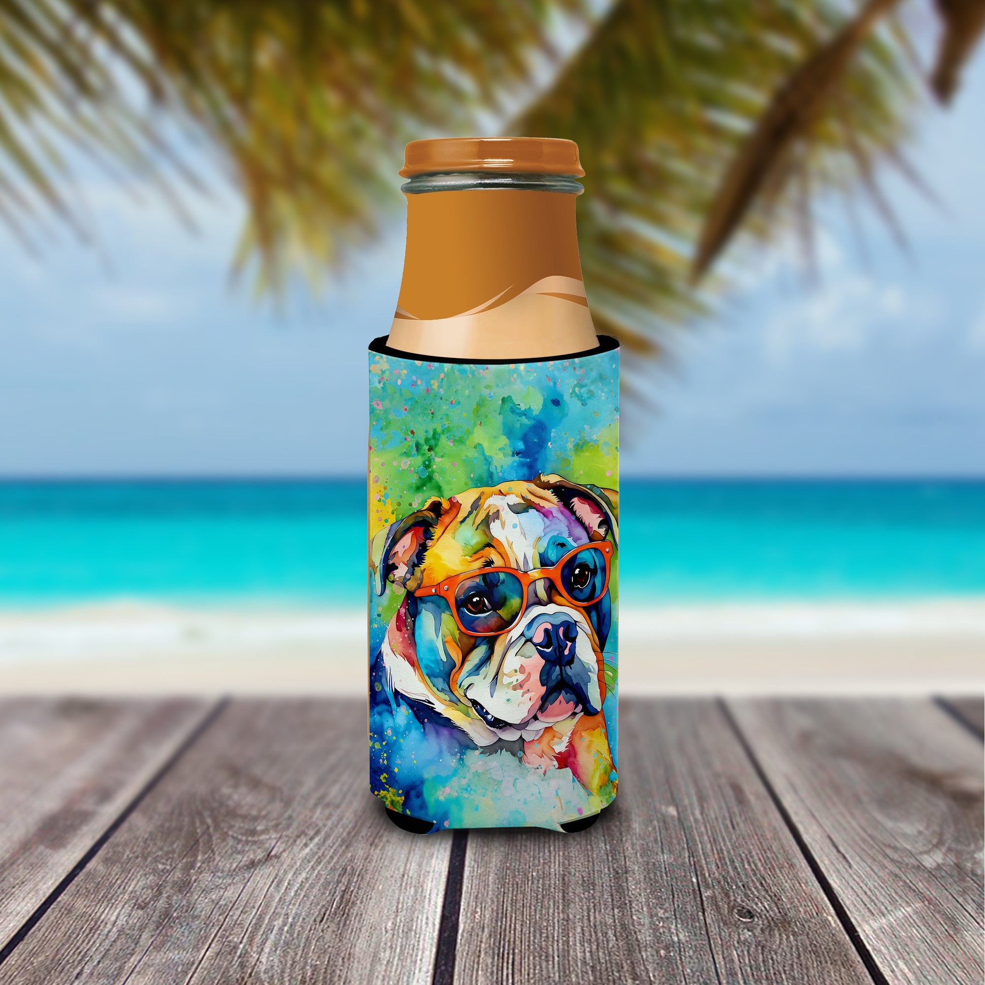 English Bulldog Hippie Dawg Slim Can Hugger , Insulated Foam Hugger for 12 oz Slim Cans, Beer Bottles & Water Bottles, Printed in USA