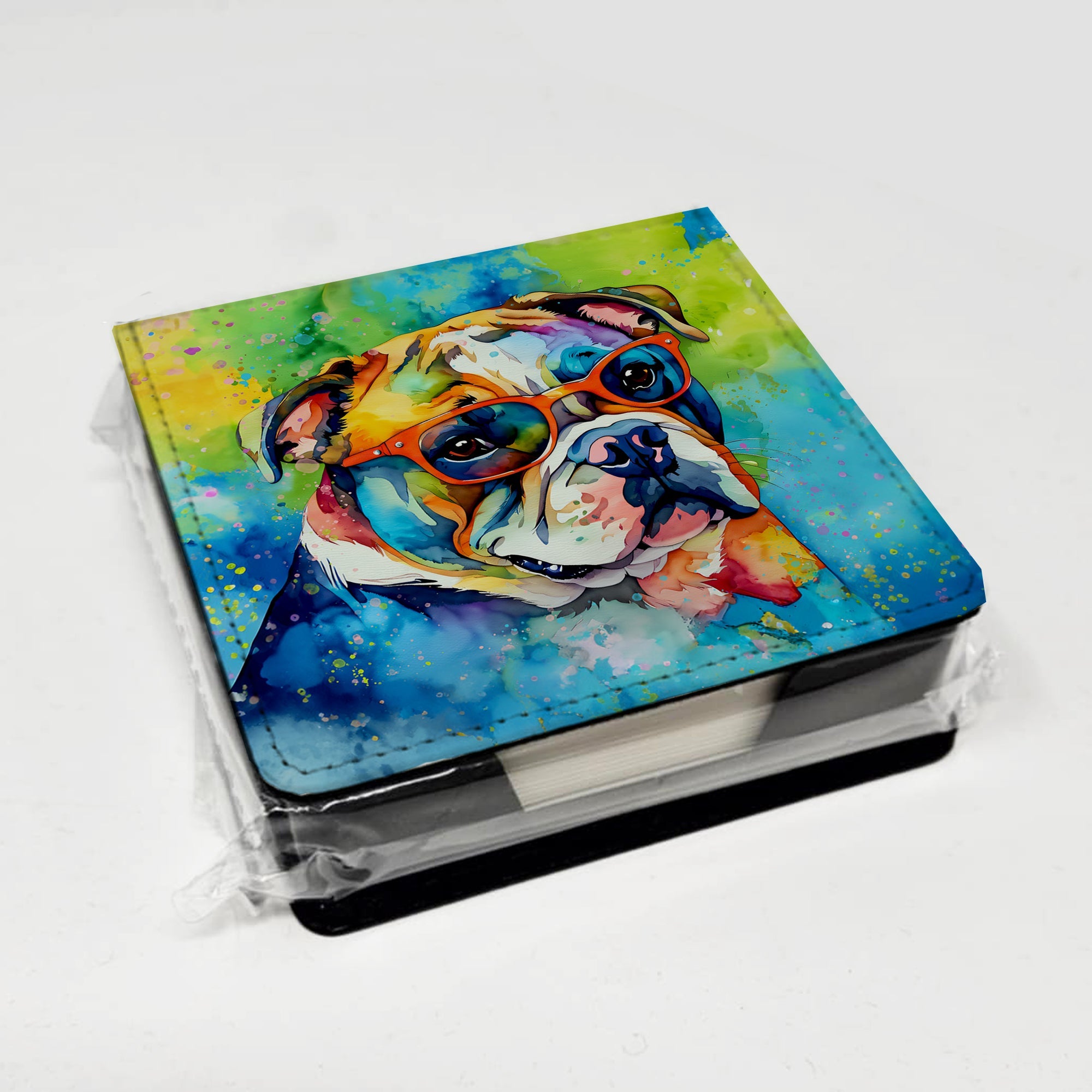 English Bulldog Hippie Dawg PU Leather Note Paper Holder with Artist-Designed Cover, Desk Accessory, Office Gift
