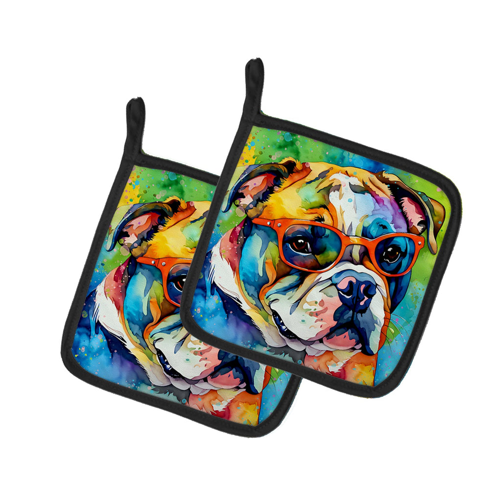 English Bulldog Hippie Dawg Pot Holder Set of 2 Heat Resistant Quilted Hot Pads 7.5 x 7.5 Inch, Insulated Kitchen Trivets for Cooking & Baking
