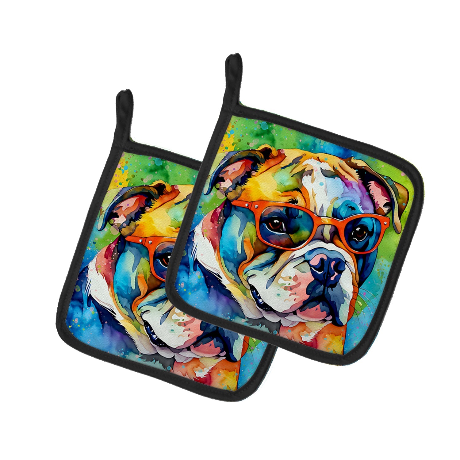 English Bulldog Hippie Dawg Pot Holder Set of 2 Heat Resistant Quilted Hot Pads 7.5 x 7.5 Inch, Insulated Kitchen Trivets for Cooking & Baking