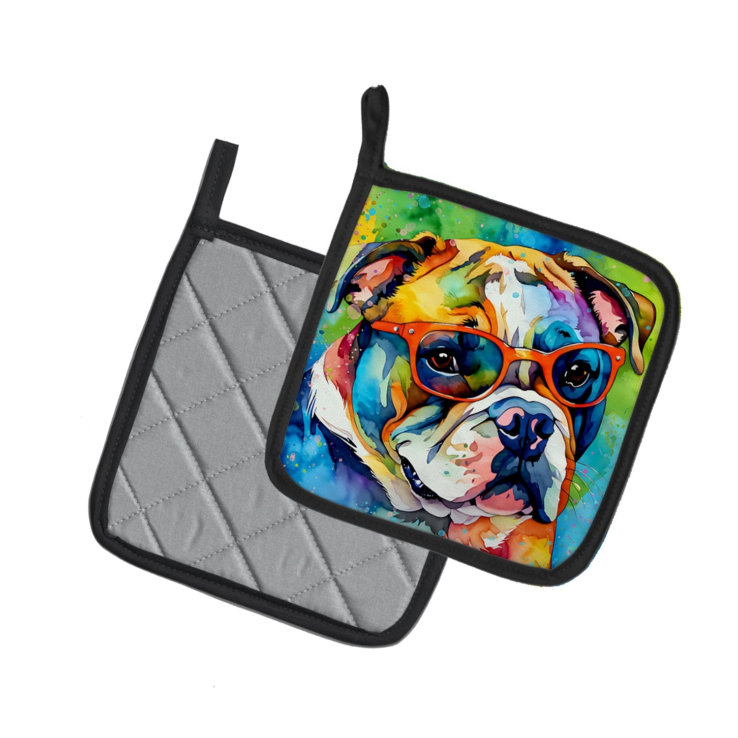 English Bulldog Hippie Dawg Pot Holder Set of 2 Heat Resistant Quilted Hot Pads 7.5 x 7.5 Inch, Insulated Kitchen Trivets for Cooking & Baking