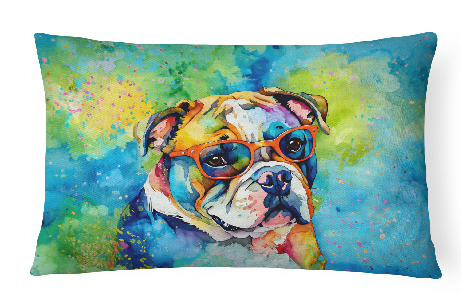 English Bulldog Hippie Dawg Decorative Throw Pillow 12x16 Indoor Outdoor Accent Cushion, Fabric Cover with Insert for Sofa, Bed, Porch & Living Room