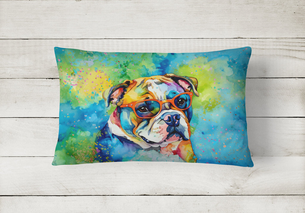 English Bulldog Hippie Dawg Decorative Throw Pillow 12x16 Indoor Outdoor Accent Cushion, Fabric Cover with Insert for Sofa, Bed, Porch & Living Room