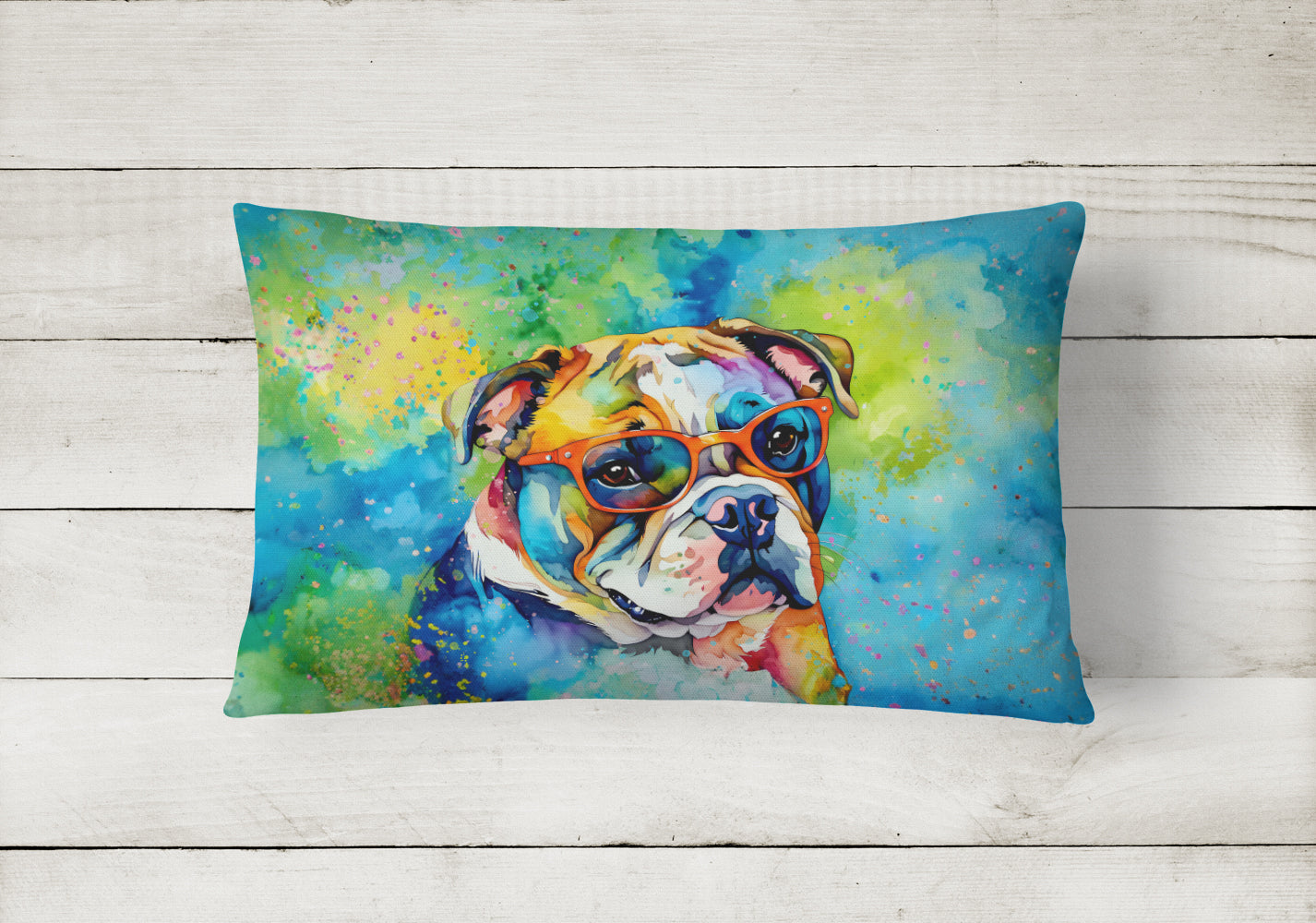English Bulldog Hippie Dawg Decorative Throw Pillow 12x16 Indoor Outdoor Accent Cushion, Fabric Cover with Insert for Sofa, Bed, Porch & Living Room