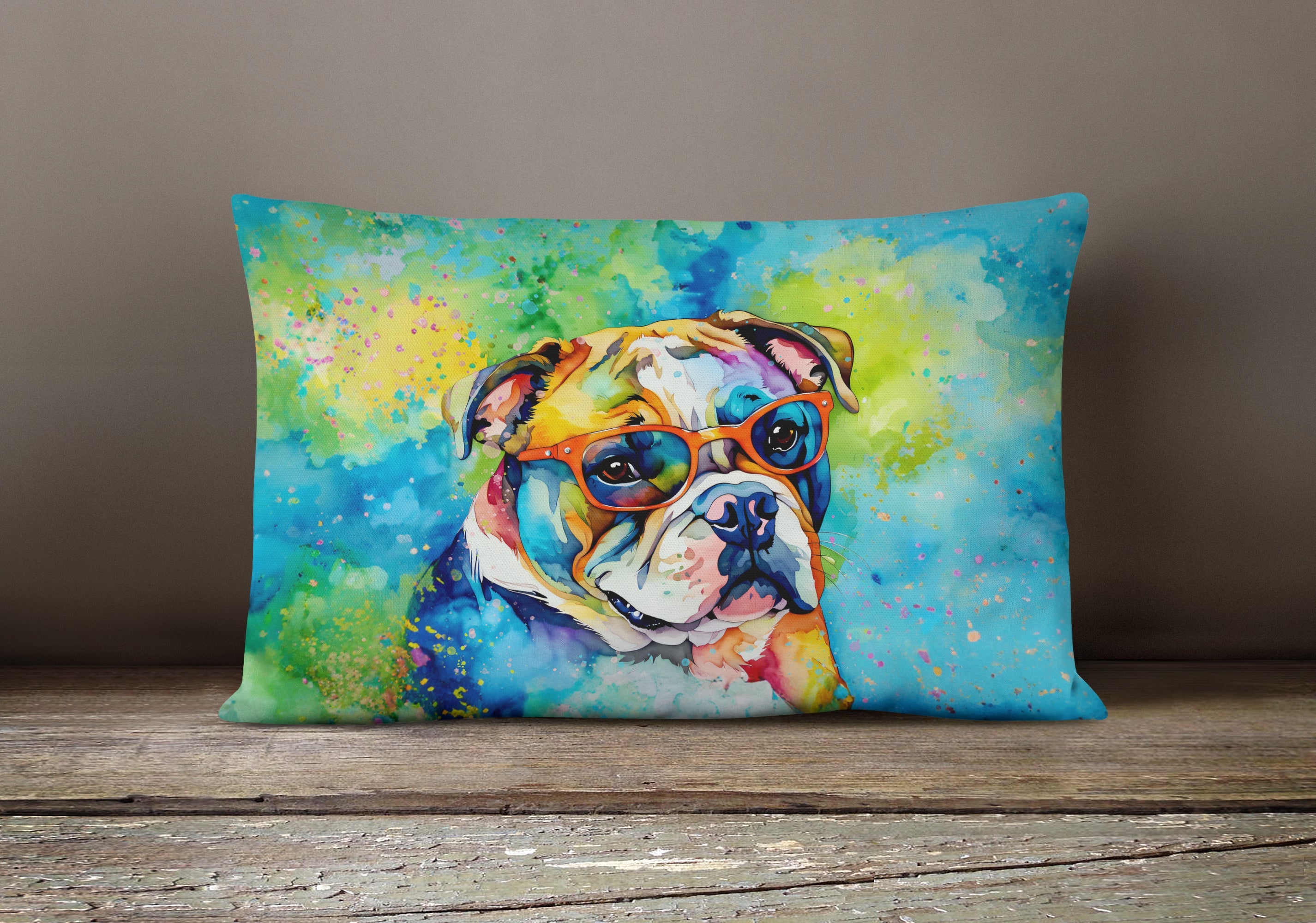 English Bulldog Hippie Dawg Decorative Throw Pillow 12x16 Indoor Outdoor Accent Cushion, Fabric Cover with Insert for Sofa, Bed, Porch & Living Room