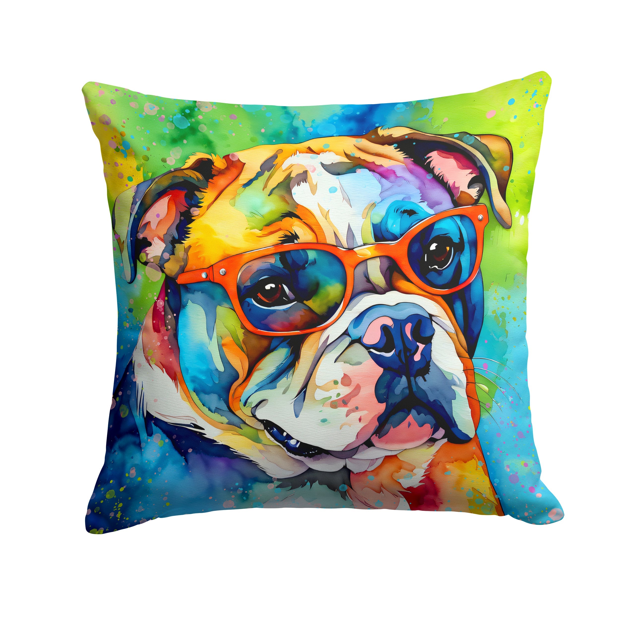 English Bulldog Hippie Dawg Decorative Throw Pillow 14x14 Indoor Outdoor Accent Cushion, Fabric Cover with Insert for Sofa, Bed, Porch & Living Room