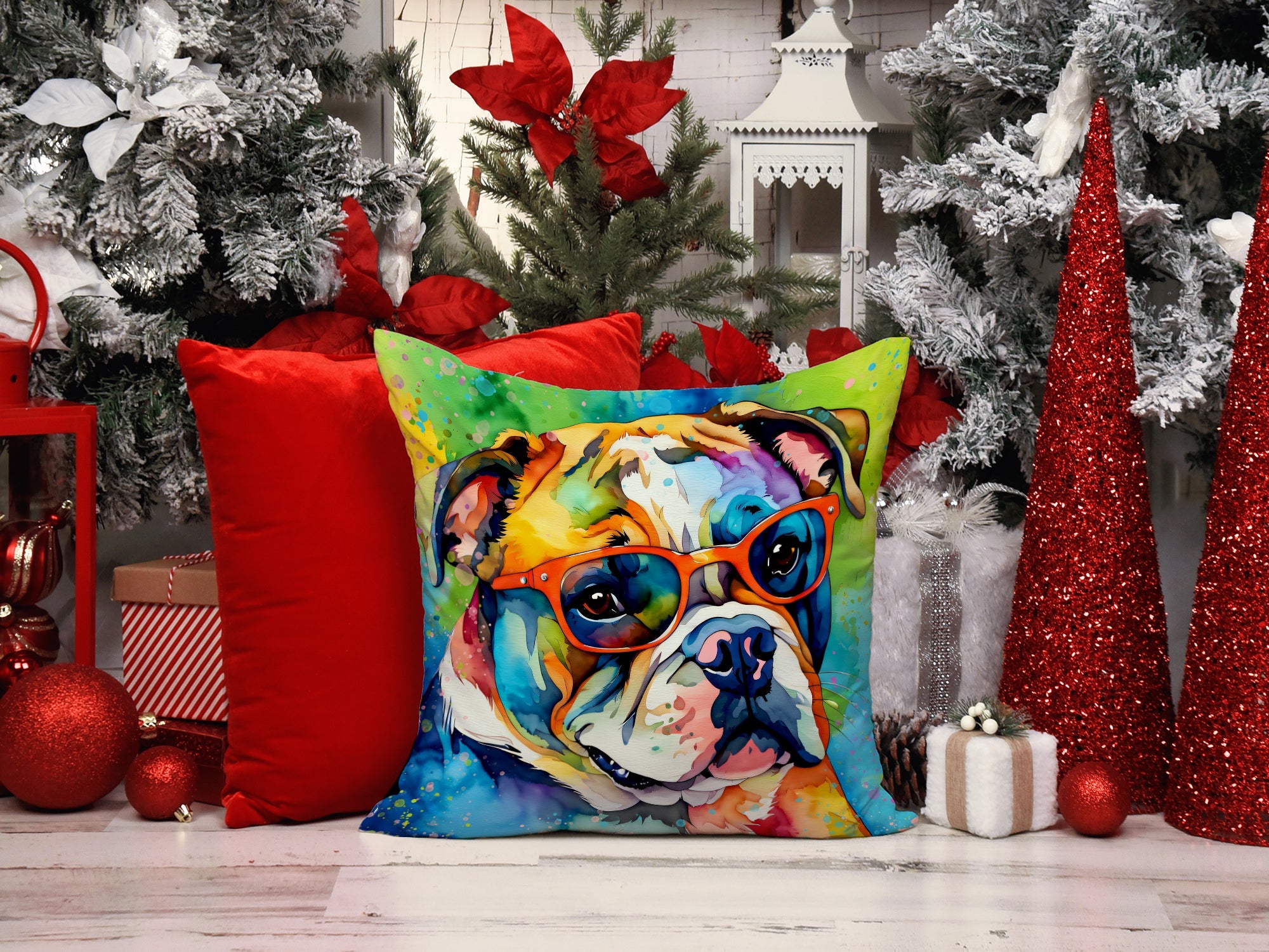 English Bulldog Hippie Dawg Decorative Throw Pillow 14x14 Indoor Outdoor Accent Cushion, Fabric Cover with Insert for Sofa, Bed, Porch & Living Room