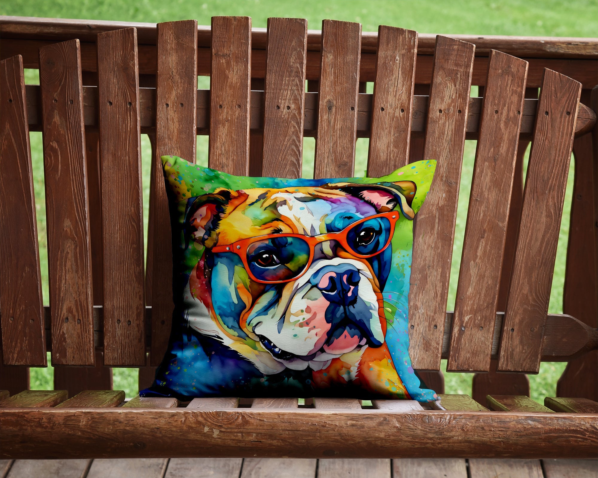 English Bulldog Hippie Dawg Decorative Throw Pillow 14x14 Indoor Outdoor Accent Cushion, Fabric Cover with Insert for Sofa, Bed, Porch & Living Room