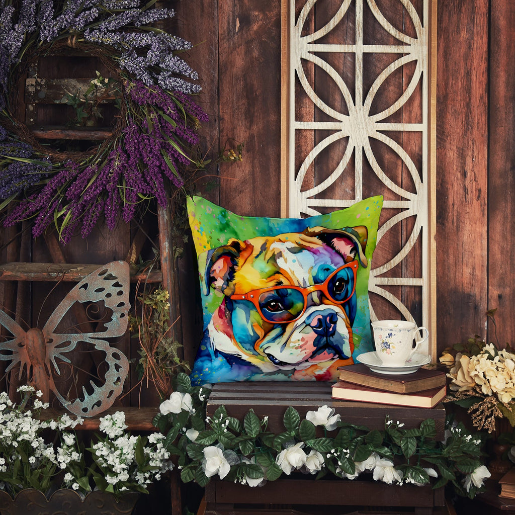 English Bulldog Hippie Dawg Decorative Throw Pillow 18x18 Indoor Outdoor Accent Cushion, Fabric Cover with Insert for Sofa, Bed, Porch & Living Room