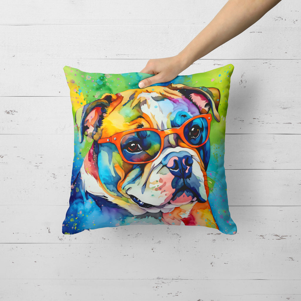 English Bulldog Hippie Dawg Decorative Throw Pillow 18x18 Indoor Outdoor Accent Cushion, Fabric Cover with Insert for Sofa, Bed, Porch & Living Room