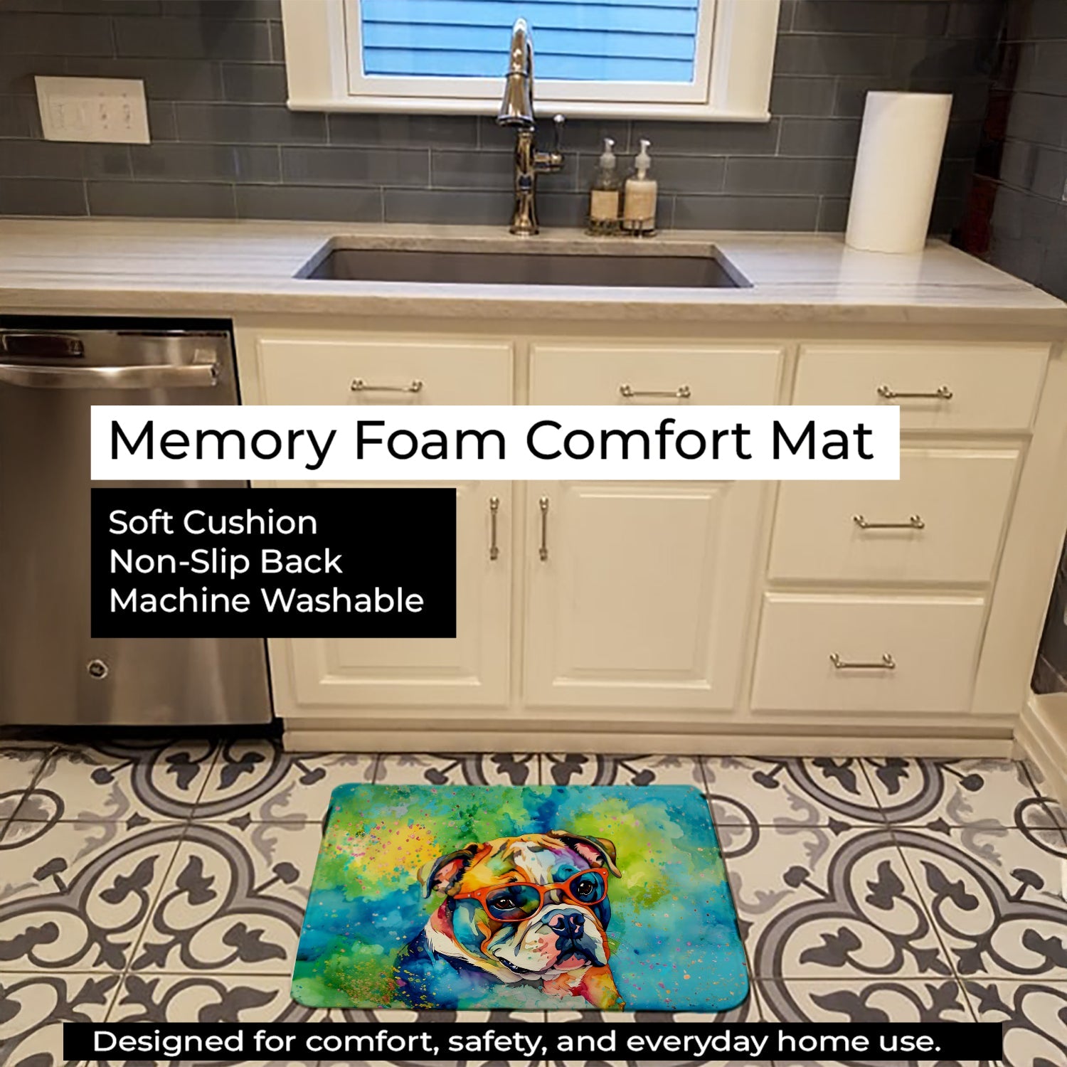 English Bulldog Hippie Dawg Memory Foam Kitchen Mat Machine Washable Anti-Fatigue Cushion Comfort Bath or Kitchen Rug