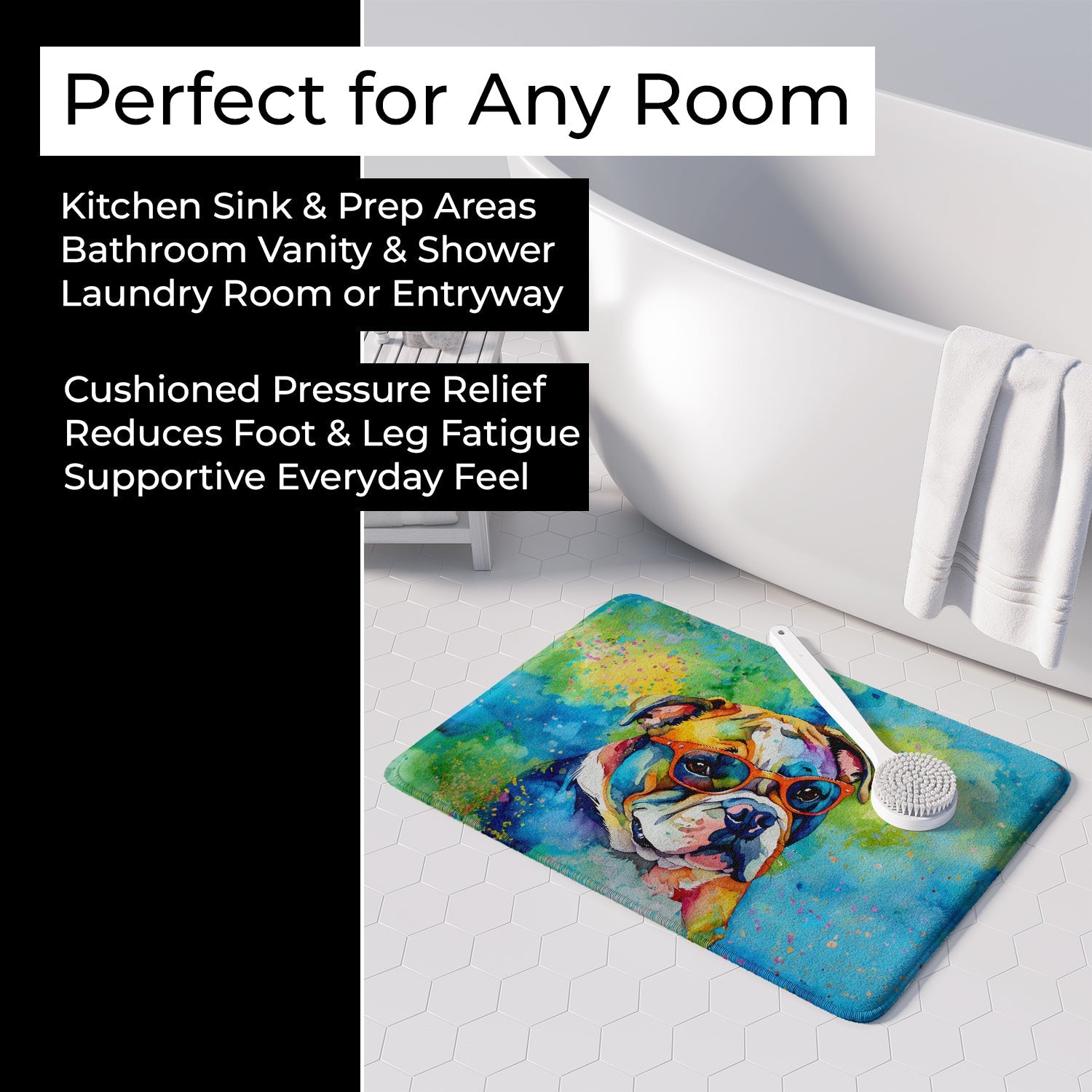 English Bulldog Hippie Dawg Memory Foam Kitchen Mat Machine Washable Anti-Fatigue Cushion Comfort Bath or Kitchen Rug
