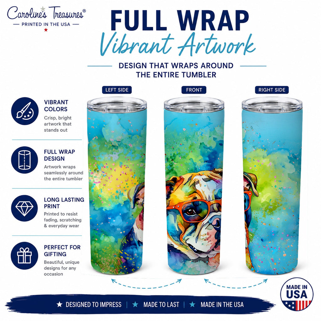 English Bulldog Hippie Dawg Stainless Steel Skinny Tumbler 20 oz Vacuum Double Walled Reusable Insulated Travel Cup