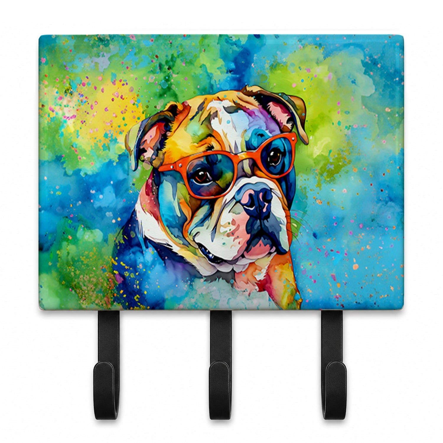English Bulldog Hippie Dawg Leash or Key Holder Wall Hooks, Coat Rack Wall Mount, for Hanging Keys, Towels, Aprons, Leashes