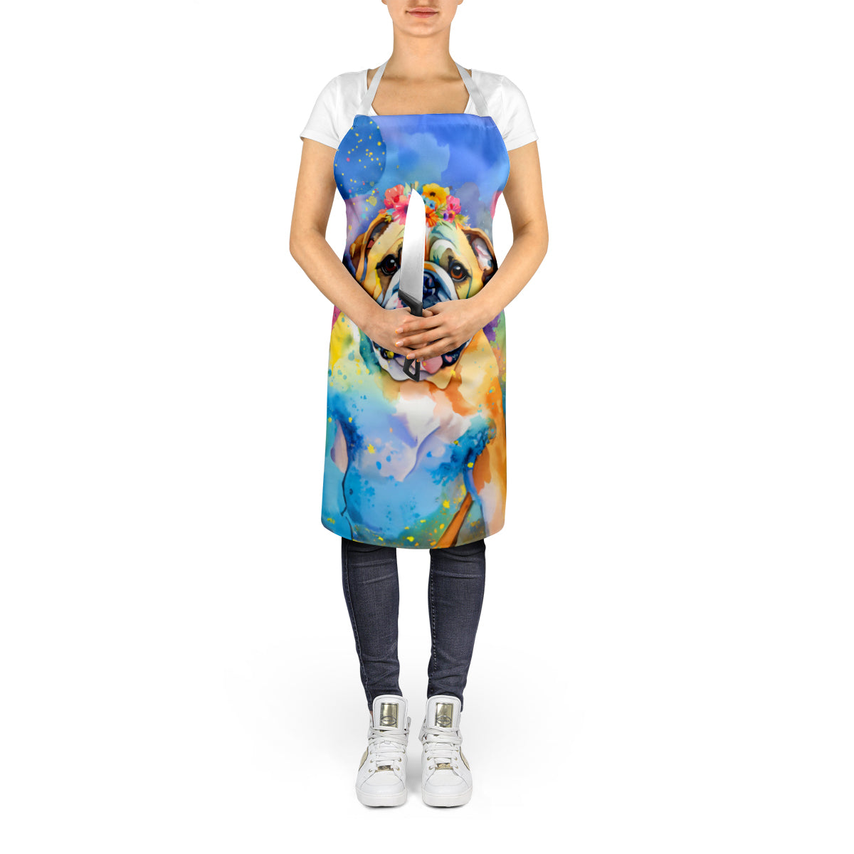 English Bulldog Hippie Dawg Apron Cooking Kitchen Server Baking Crafts Gardening for Adult Women Men, Unisex, Large, Multicolor