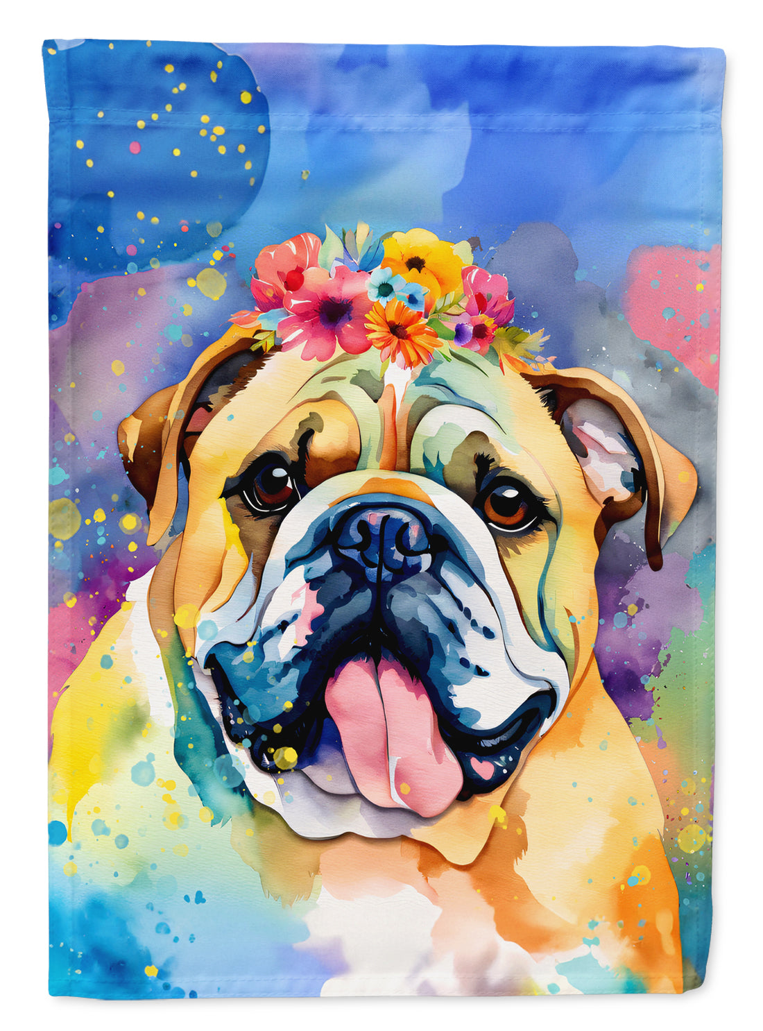 English Bulldog Hippie Dawg House Flag 28x40 Porch Sleeve Pole Decorative Outside Yard Banner Artwork Wall Hanging, Polyester