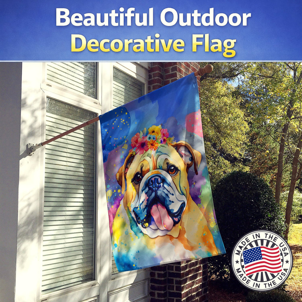 English Bulldog Hippie Dawg House Flag 28x40 Porch Sleeve Pole Decorative Outside Yard Banner Artwork Wall Hanging, Polyester