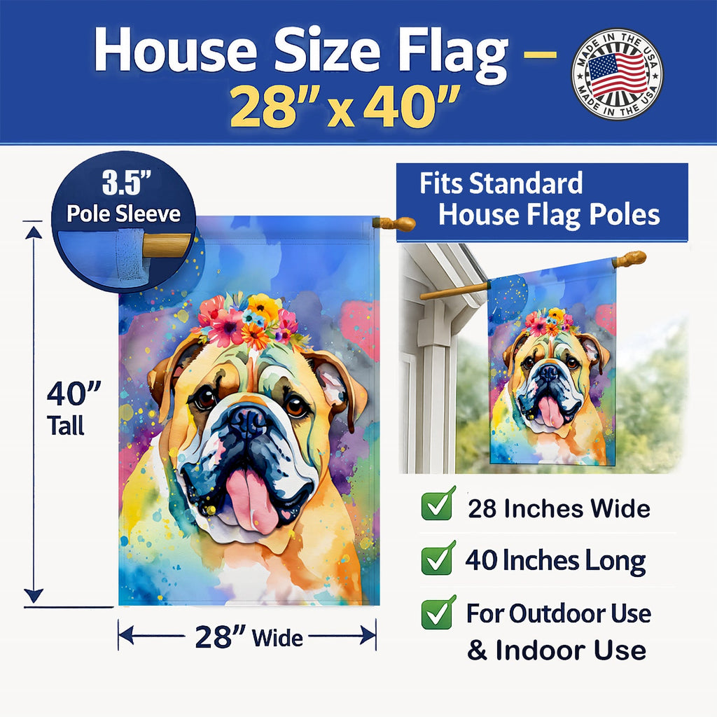 English Bulldog Hippie Dawg House Flag 28x40 Porch Sleeve Pole Decorative Outside Yard Banner Artwork Wall Hanging, Polyester