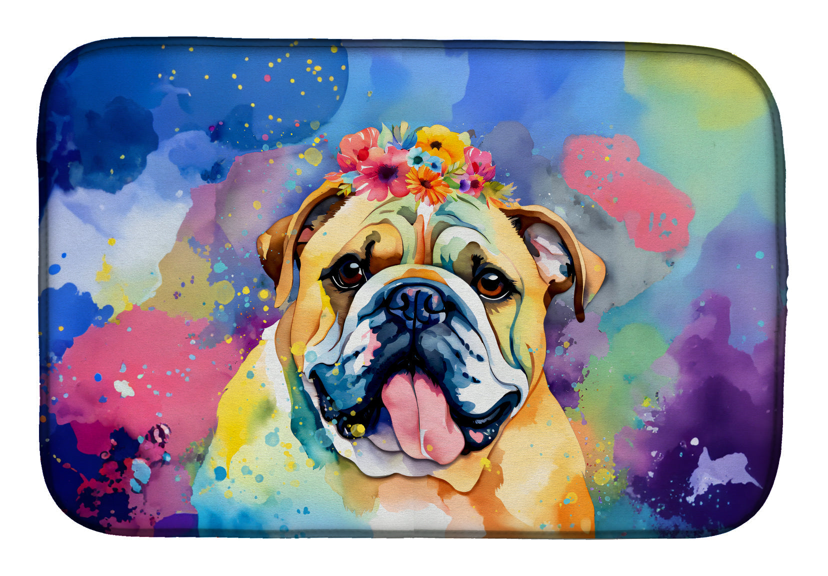 English Bulldog Hippie Dawg Dish Drying Mat Absorbent Dish Drying Mat Pad for Kitchen Counter Dish Drainer Mat for Countertop, 14 x 21", Multicolor
