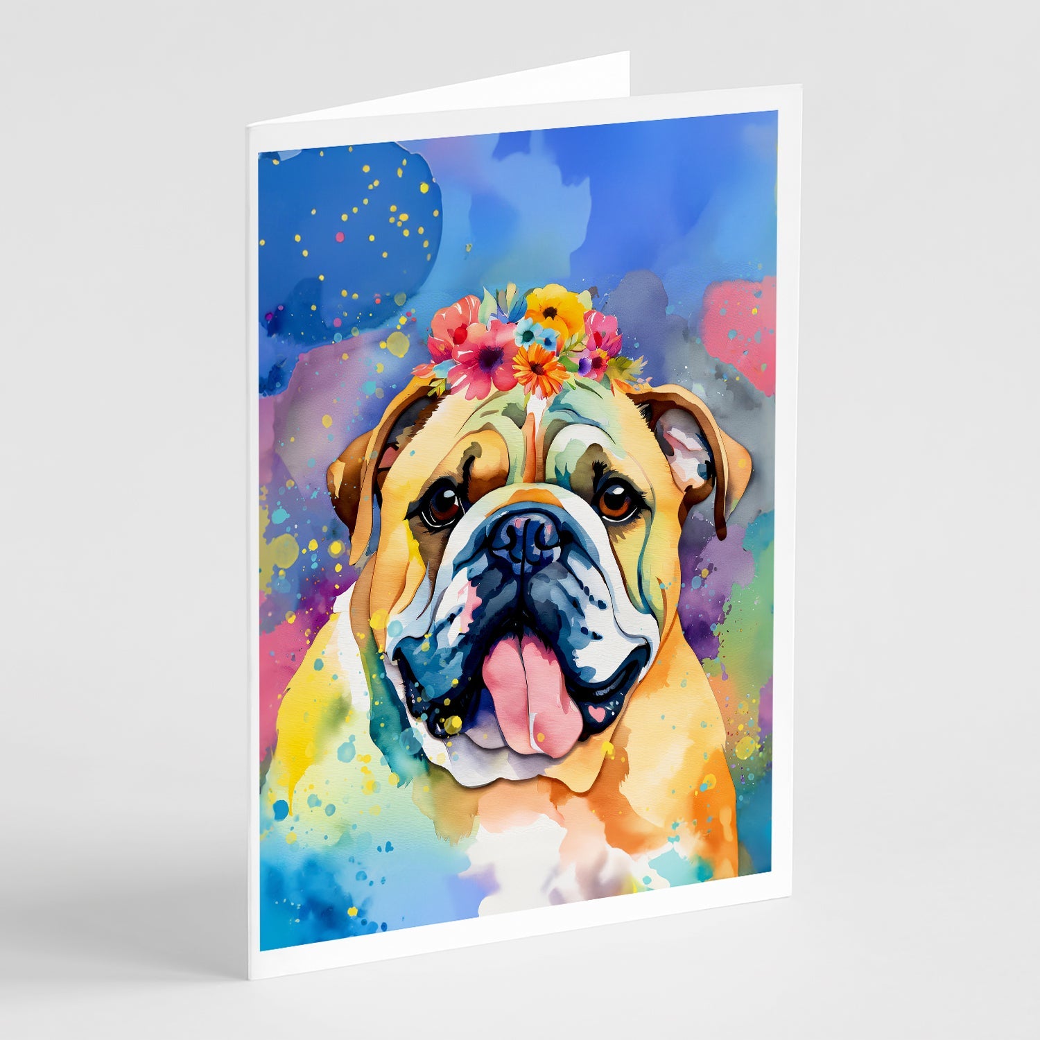 English Bulldog Hippie Dawg Greeting Cards Pack of 8 Blank Cards with Envelopes Whimsical A7 Size 5x7