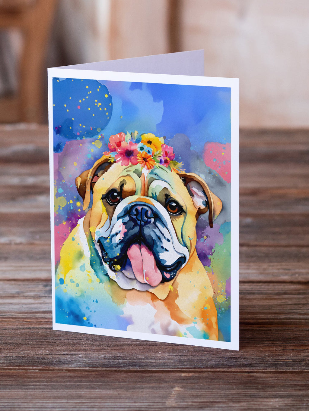 English Bulldog Hippie Dawg Greeting Cards Pack of 8 Blank Cards with Envelopes Whimsical A7 Size 5x7