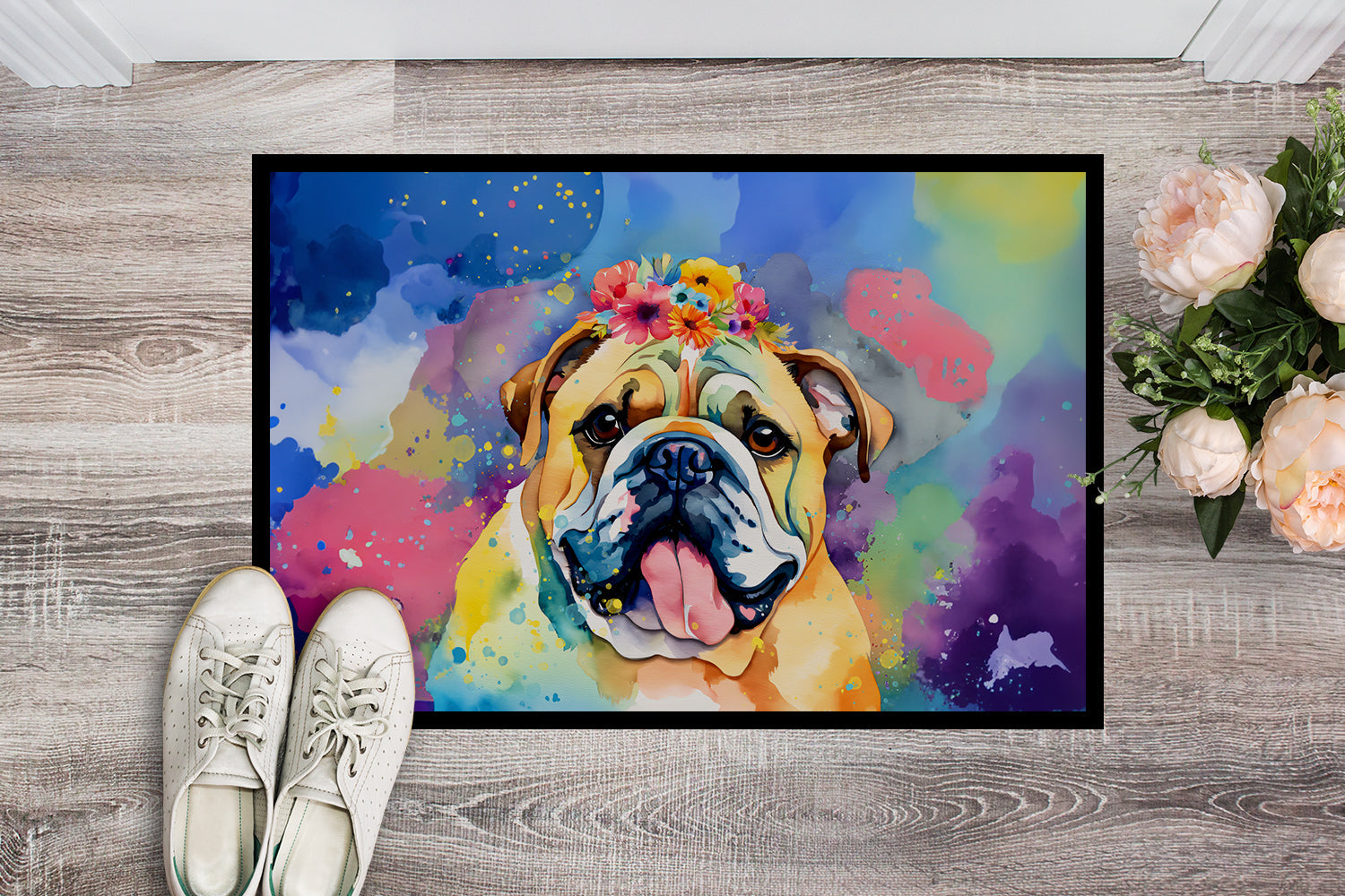 English Bulldog Hippie Dawg Doormat Indoor Outdoor 24H X 36W Front Door Mat Rugs for Entryway, Non Slip Washable Low Pile,