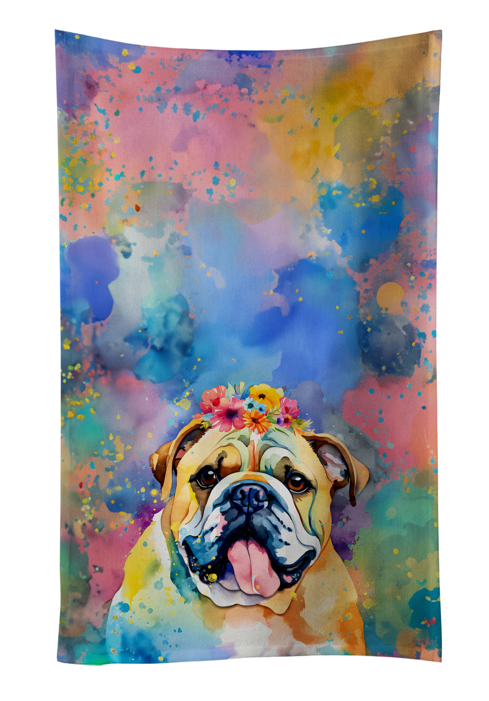 English Bulldog Hippie Dawg Kitchen Towel Velour Plush Front and Cotton Loop Back Machine Washable