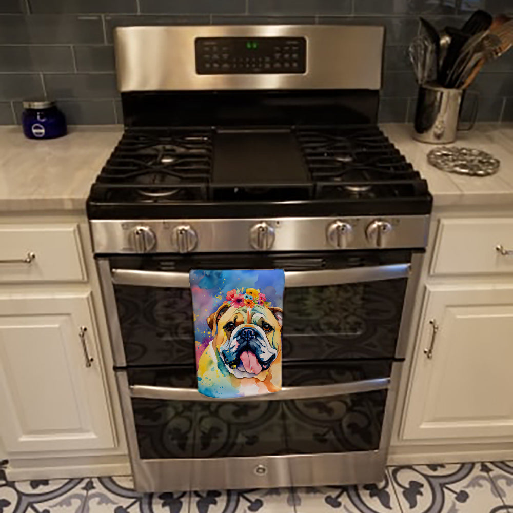 English Bulldog Hippie Dawg Kitchen Towel Velour Plush Front and Cotton Loop Back Machine Washable