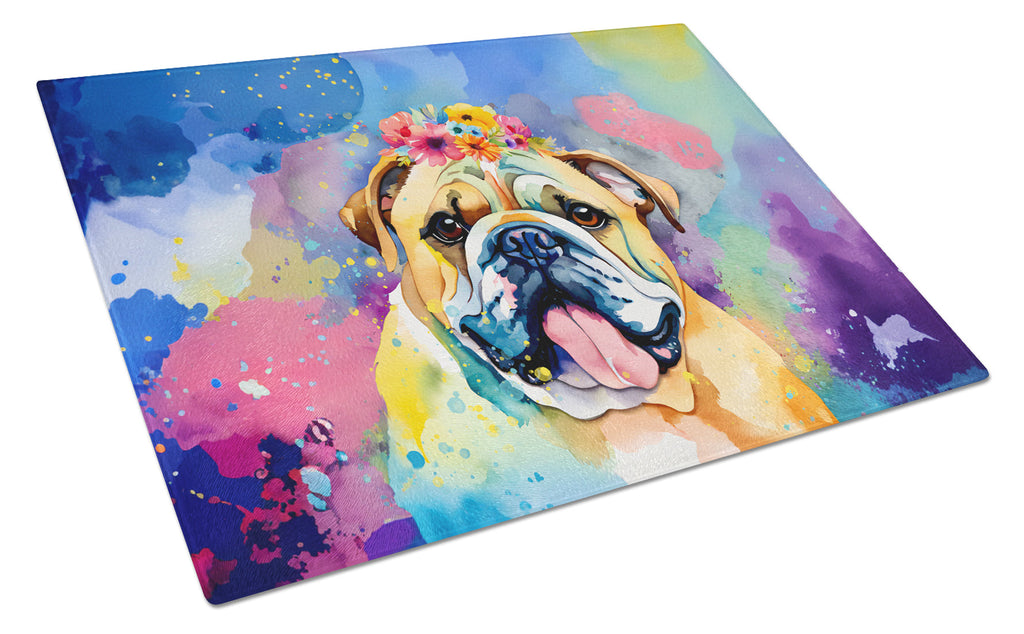 English Bulldog Hippie Dawg Cutting Board Tempered Glass Kitchen Cutting Surface, Heat Resistant Chopping, Non-Slip Feet, Food Prep & Serving
