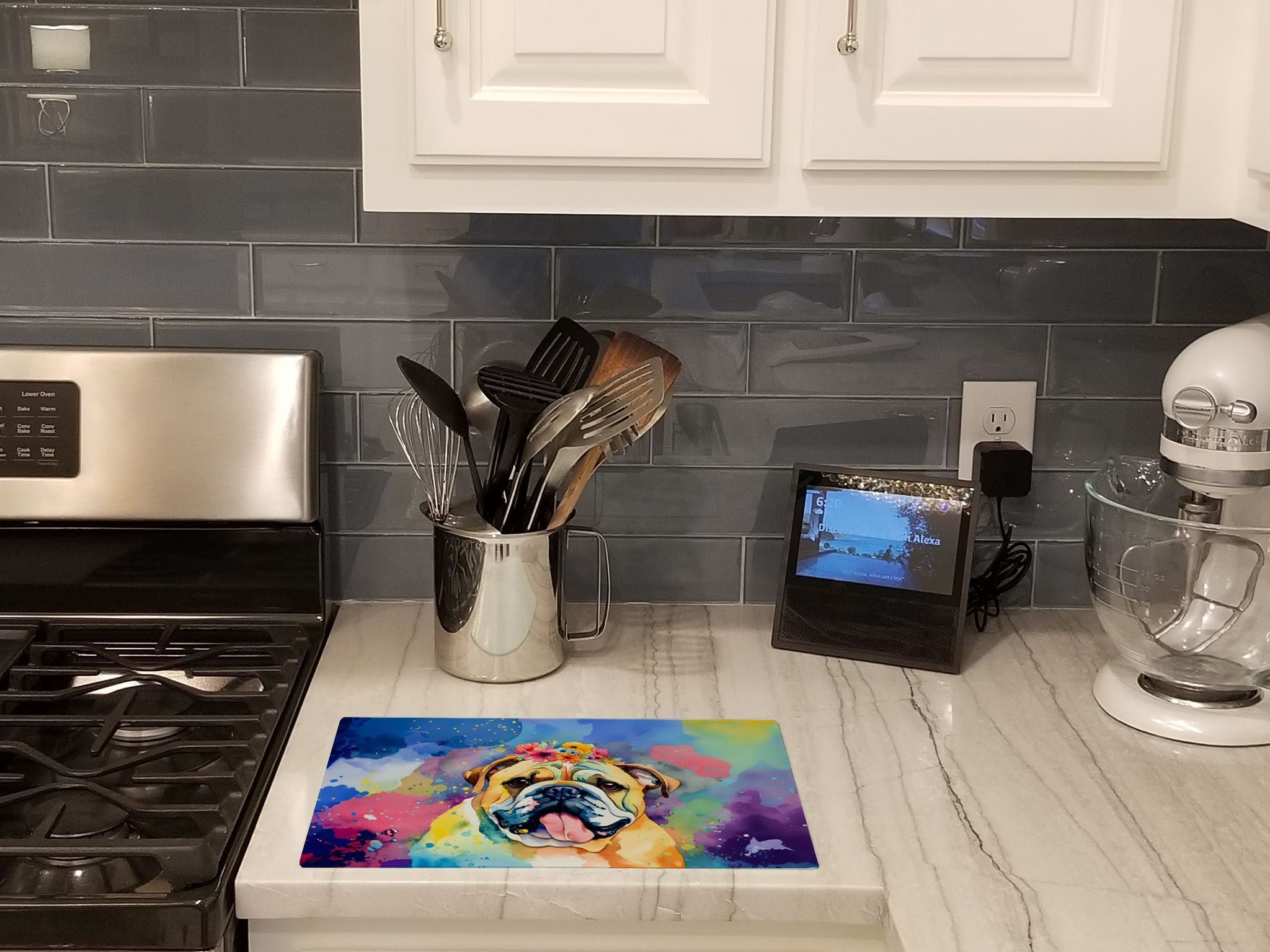 English Bulldog Hippie Dawg Cutting Board Tempered Glass Kitchen Cutting Surface, Heat Resistant Chopping, Non-Slip Feet, Food Prep & Serving