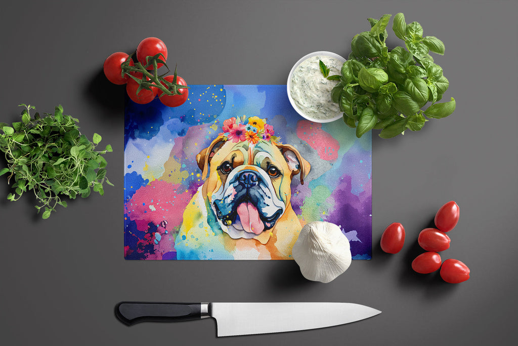 English Bulldog Hippie Dawg Cutting Board Tempered Glass Kitchen Cutting Surface, Heat Resistant Chopping, Non-Slip Feet, Food Prep & Serving