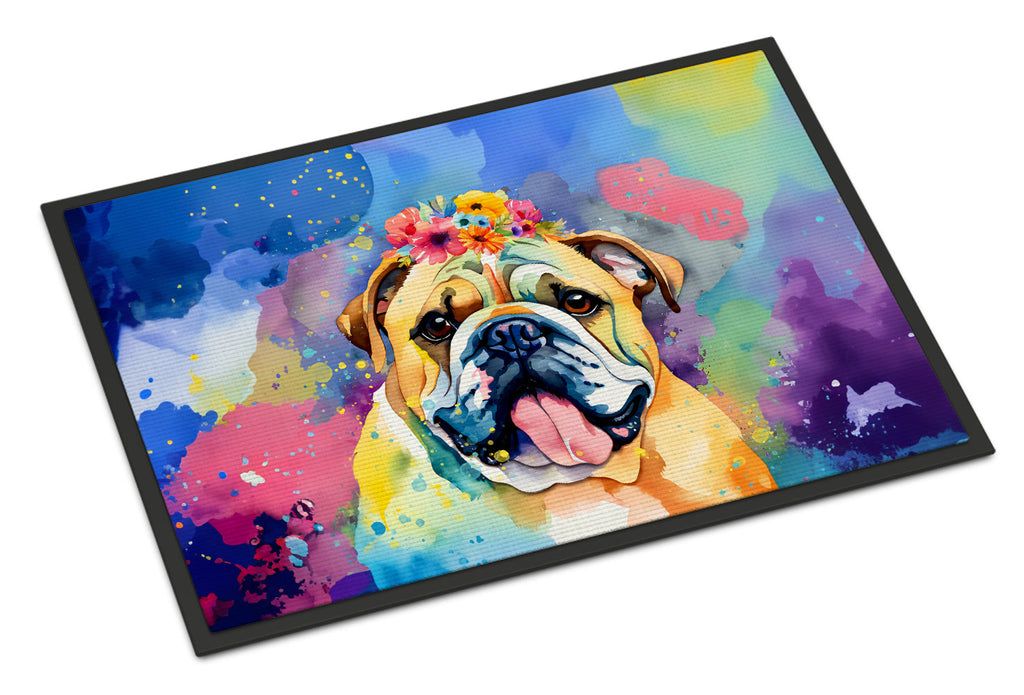 English Bulldog Hippie Dawg Doormat Indoor Outdoor 18H X 27W Front Door Mat Rugs for Entryway, Non Slip Washable