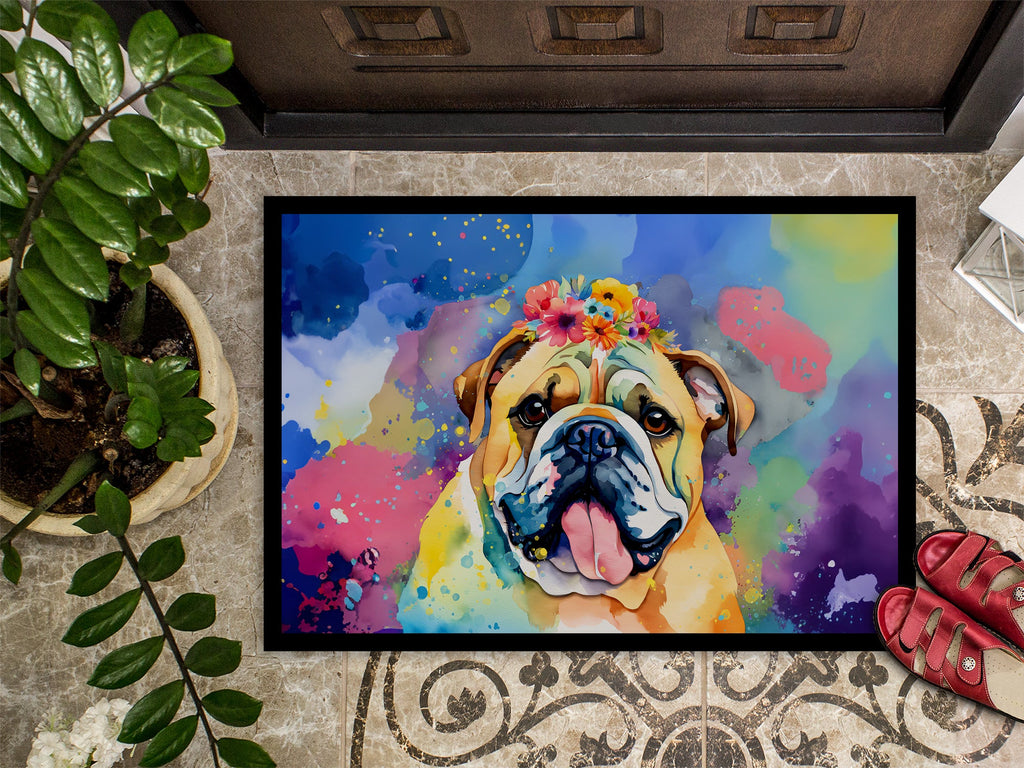 English Bulldog Hippie Dawg Doormat Indoor Outdoor 18H X 27W Front Door Mat Rugs for Entryway, Non Slip Washable