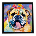 English Bulldog Hippie Dawg Framed Metal Print Bathroom, Kitchen, Office, Home Decor Wall Art Ready to Hang, Square, 8X8
