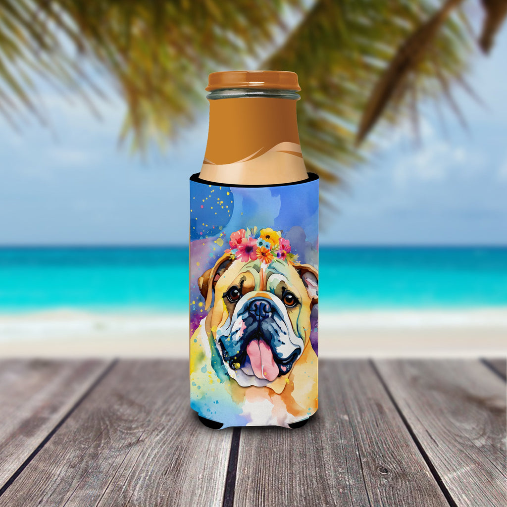 English Bulldog Hippie Dawg Slim Can Hugger , Insulated Foam Hugger for 12 oz Slim Cans, Beer Bottles & Water Bottles, Printed in USA