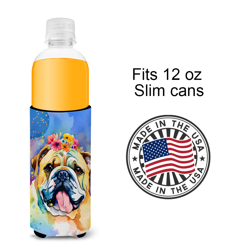 English Bulldog Hippie Dawg Slim Can Hugger , Insulated Foam Hugger for 12 oz Slim Cans, Beer Bottles & Water Bottles, Printed in USA