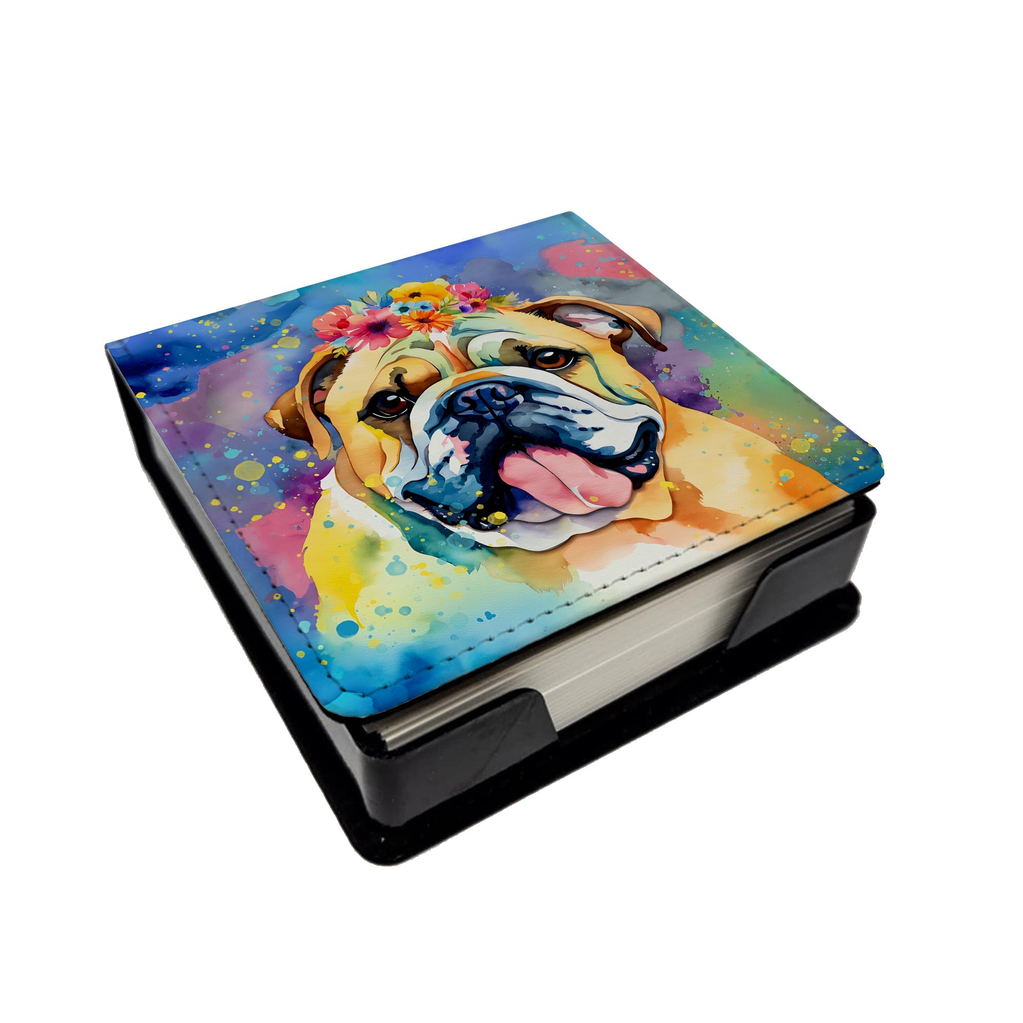 English Bulldog Hippie Dawg PU Leather Note Paper Holder with Artist-Designed Cover, Desk Accessory, Office Gift