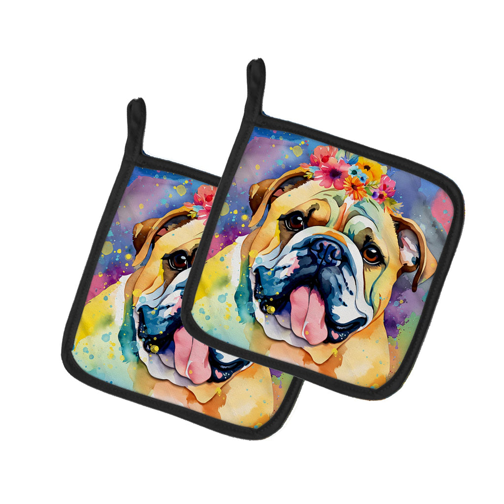 English Bulldog Hippie Dawg Pot Holder Set of 2 Heat Resistant Quilted Hot Pads 7.5 x 7.5 Inch, Insulated Kitchen Trivets for Cooking & Baking