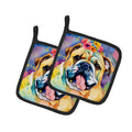 English Bulldog Hippie Dawg Pot Holder Set of 2 Heat Resistant Quilted Hot Pads 7.5 x 7.5 Inch, Insulated Kitchen Trivets for Cooking & Baking
