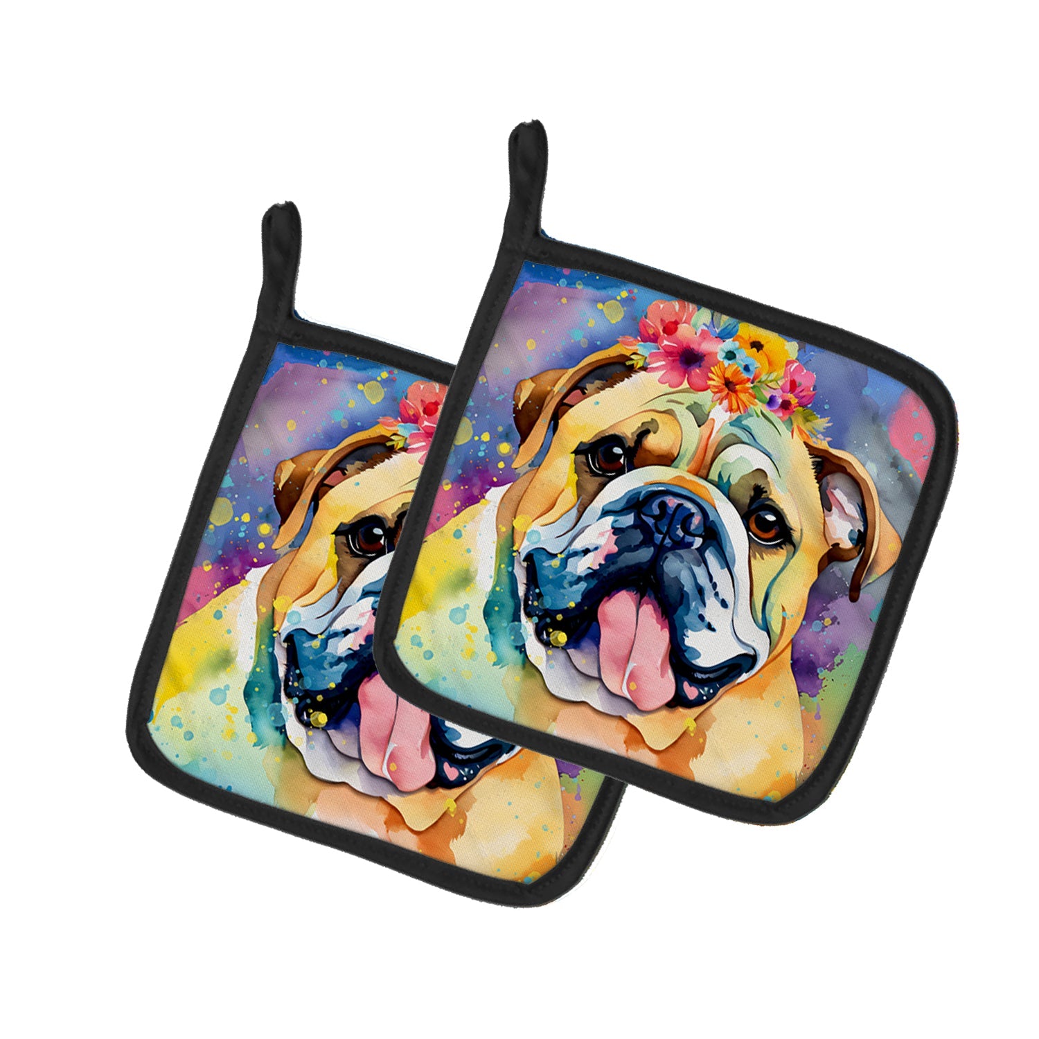 English Bulldog Hippie Dawg Pot Holder Set of 2 Heat Resistant Quilted Hot Pads 7.5 x 7.5 Inch, Insulated Kitchen Trivets for Cooking & Baking