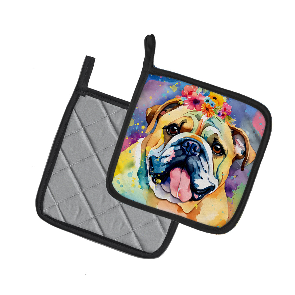 English Bulldog Hippie Dawg Pot Holder Set of 2 Heat Resistant Quilted Hot Pads 7.5 x 7.5 Inch, Insulated Kitchen Trivets for Cooking & Baking