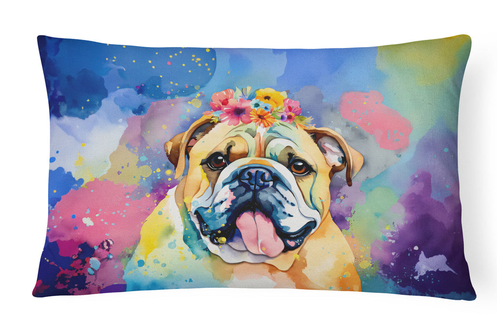 English Bulldog Hippie Dawg Decorative Throw Pillow 12x16 Indoor Outdoor Accent Cushion, Fabric Cover with Insert for Sofa, Bed, Porch & Living Room