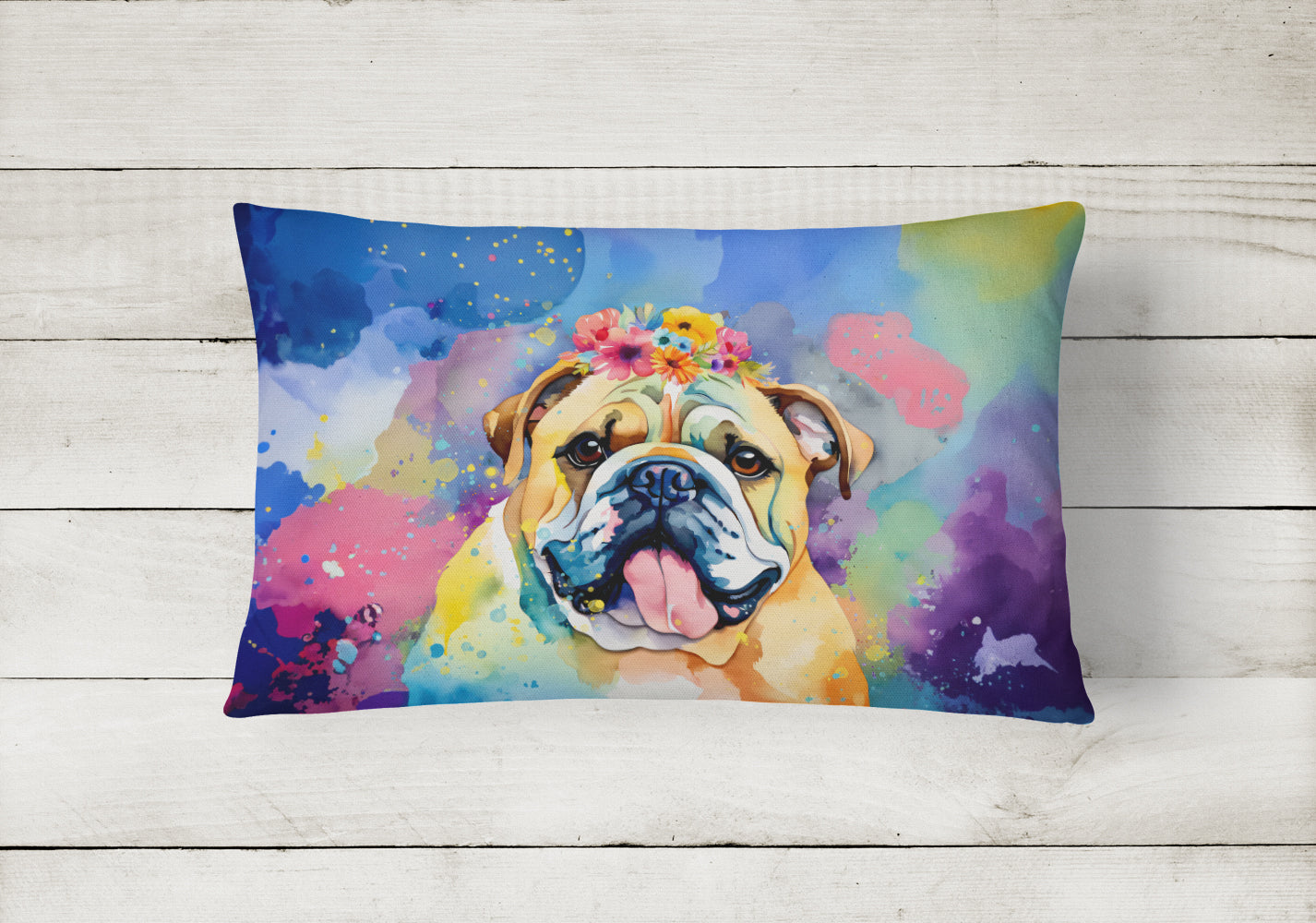 English Bulldog Hippie Dawg Decorative Throw Pillow 12x16 Indoor Outdoor Accent Cushion, Fabric Cover with Insert for Sofa, Bed, Porch & Living Room