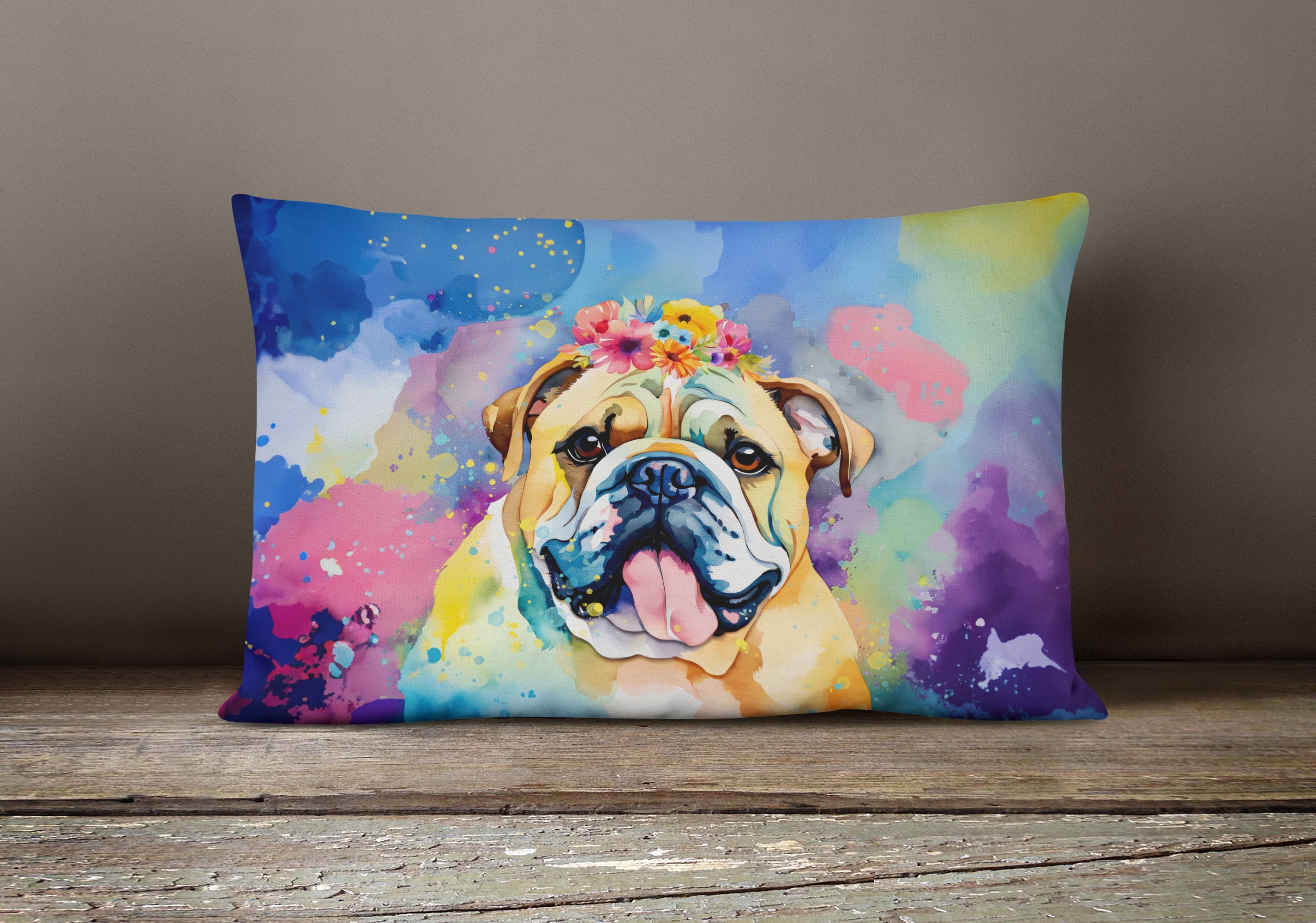 English Bulldog Hippie Dawg Decorative Throw Pillow 12x16 Indoor Outdoor Accent Cushion, Fabric Cover with Insert for Sofa, Bed, Porch & Living Room