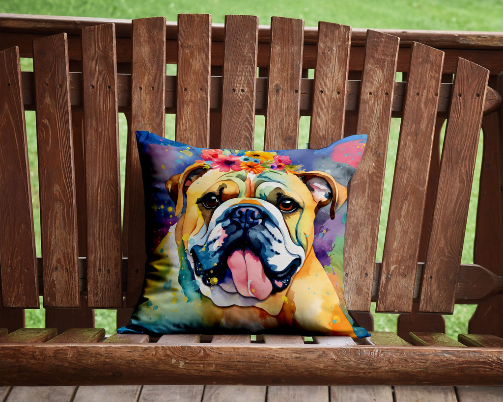 English Bulldog Hippie Dawg Decorative Throw Pillow 14x14 Indoor Outdoor Accent Cushion, Fabric Cover with Insert for Sofa, Bed, Porch & Living Room