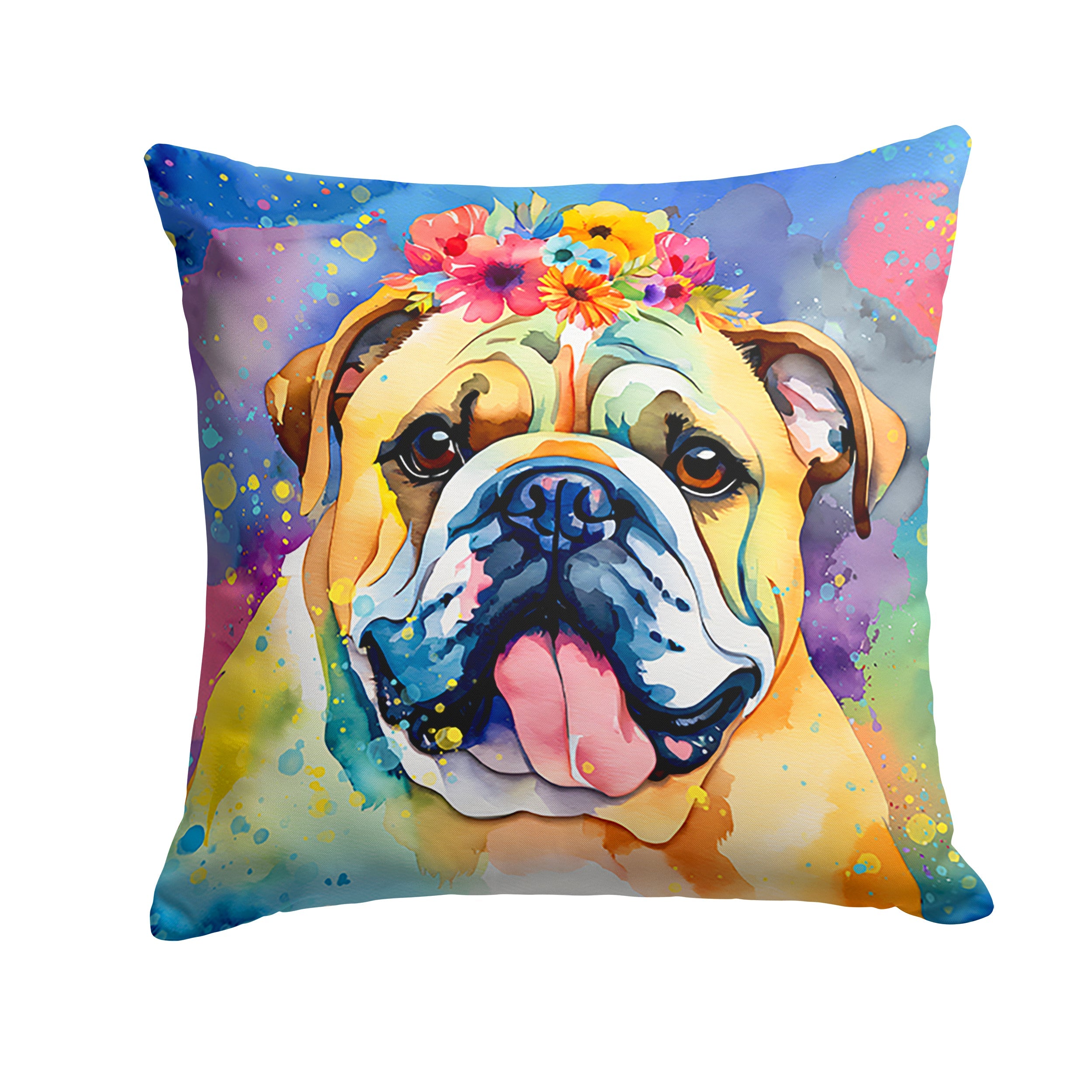 English Bulldog Hippie Dawg Decorative Throw Pillow 18x18 Indoor Outdoor Accent Cushion, Fabric Cover with Insert for Sofa, Bed, Porch & Living Room