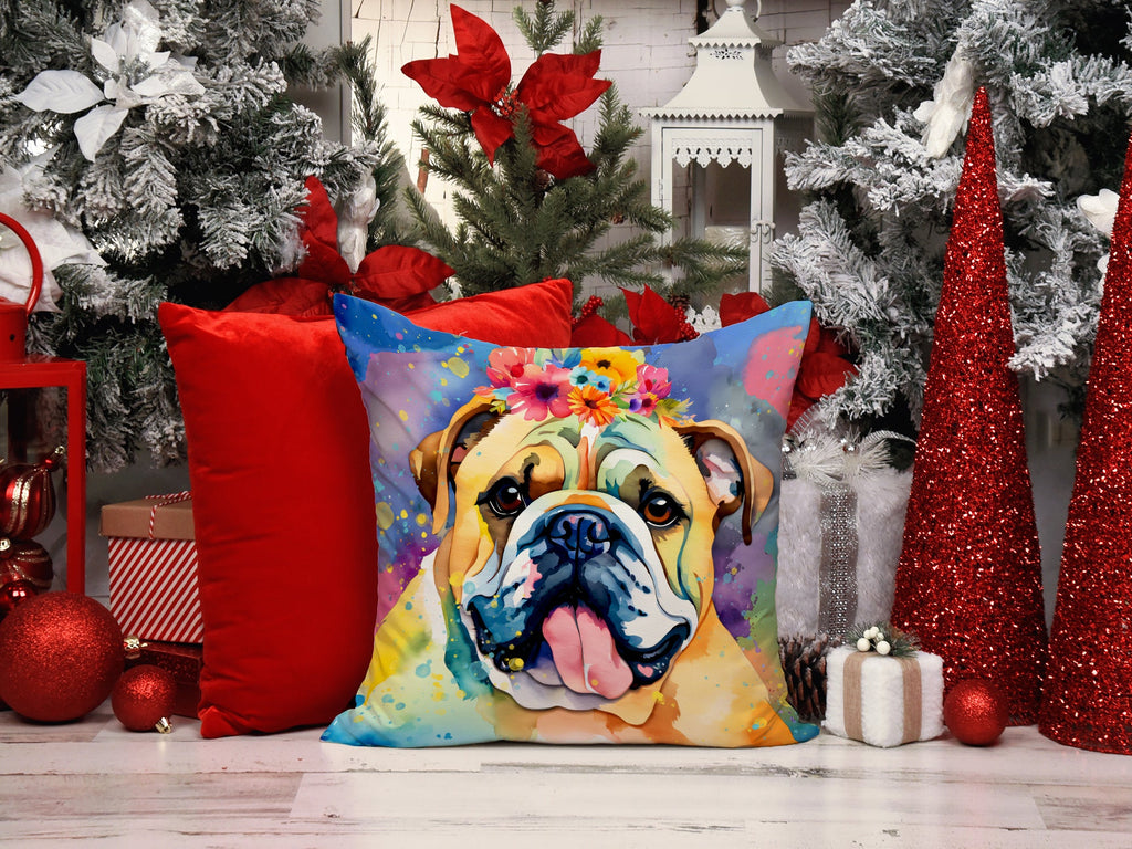 English Bulldog Hippie Dawg Decorative Throw Pillow 18x18 Indoor Outdoor Accent Cushion, Fabric Cover with Insert for Sofa, Bed, Porch & Living Room