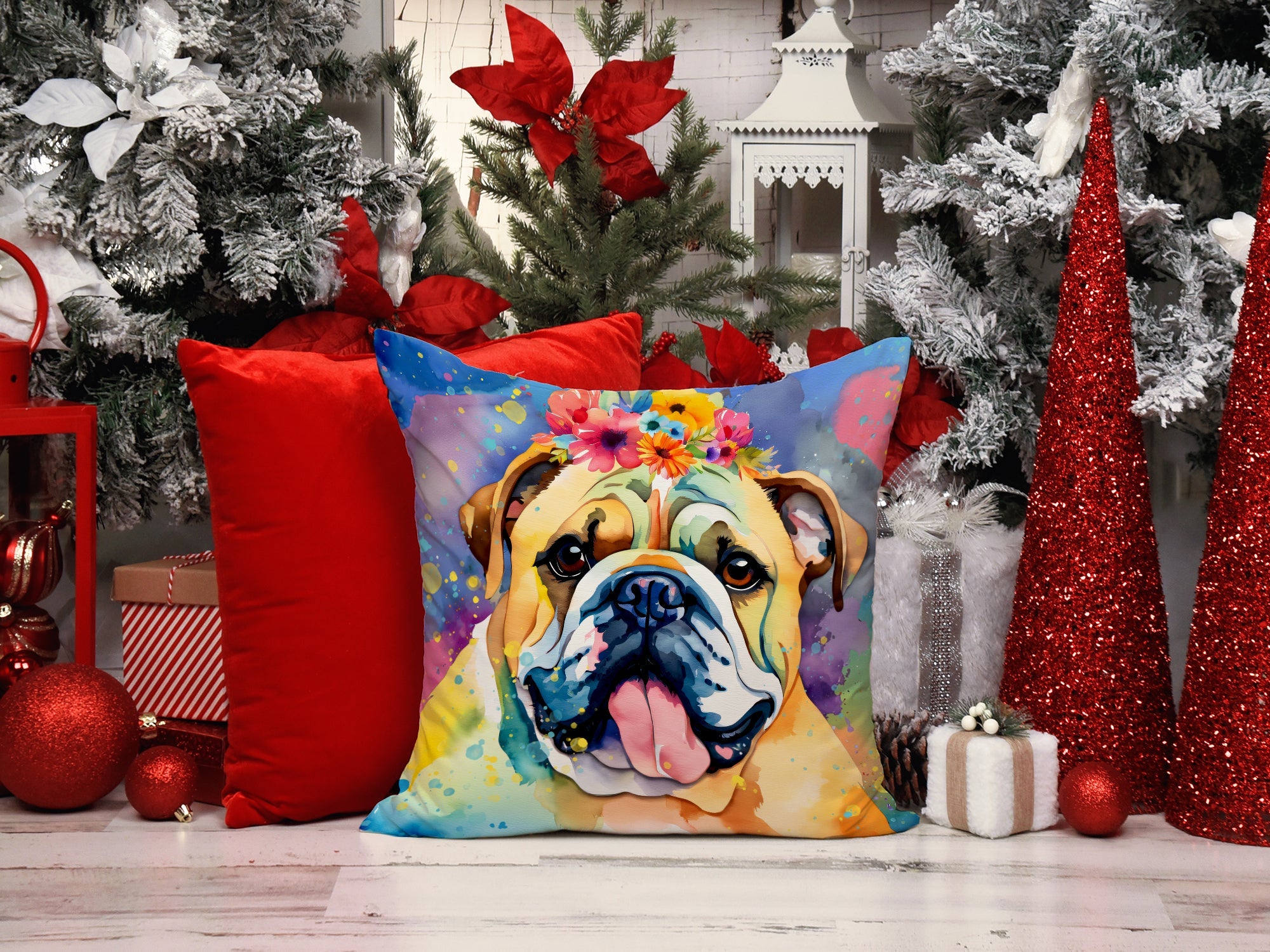 English Bulldog Hippie Dawg Decorative Throw Pillow 18x18 Indoor Outdoor Accent Cushion, Fabric Cover with Insert for Sofa, Bed, Porch & Living Room
